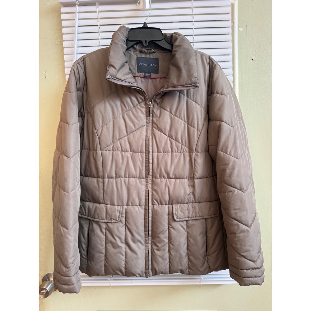 Covington Womens Taupe Brown Quilted Puffer Jacket Full Zip Chevron XL